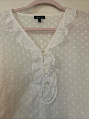 Talbots White Dot-Texture Ruffle-Trim Blouse
